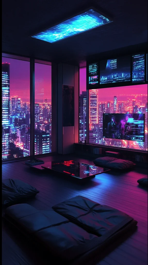Cyberpunk Neon Noir Living Room